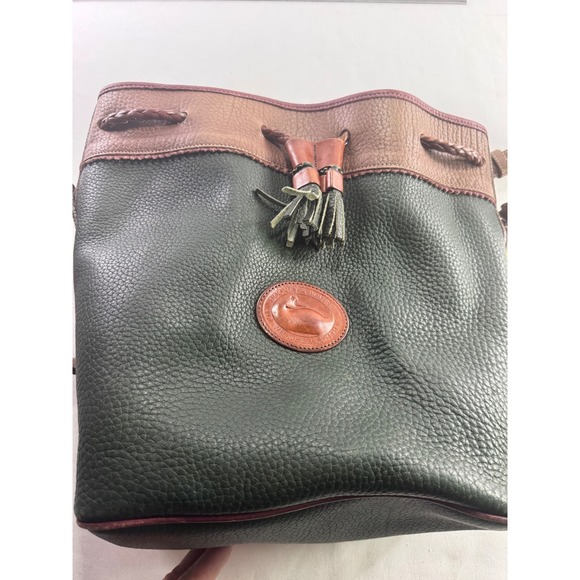 Dooney & Bourke Handbags - Dooney & Bourke Vintage All Weather Leather Drawstring Bucket Bag Green Tan